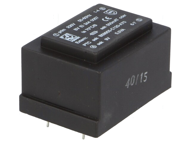 Transformator: ingegoten; 5VA; 230VAC; 9V; 556mA; PCB; BVEI Transformator: ingegoten; 5VA; 230VAC; 9V; 556mA; PCB; BVEI